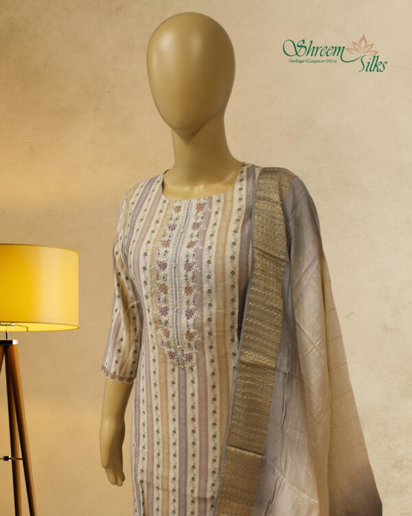 Beige & Brown Vertical Prints with Neck Embroidery Kurta Set - Image 2
