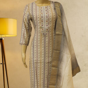 Beige & Brown Vertical Prints with Neck Embroidery Kurta Set