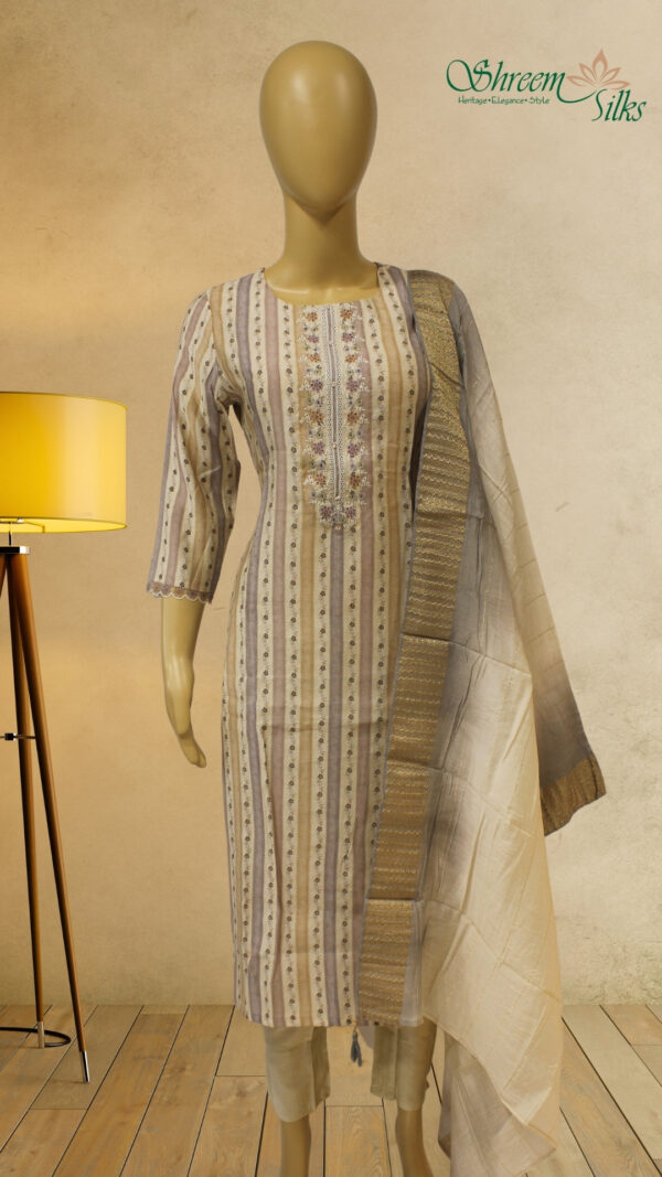 Beige & Brown Vertical Prints with Neck Embroidery Kurta Set