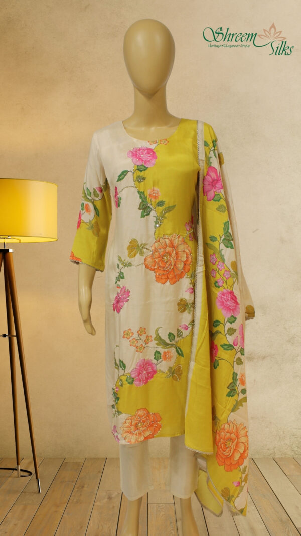 Yellow & Beige Floral Prints with Beads Work Kurta Set