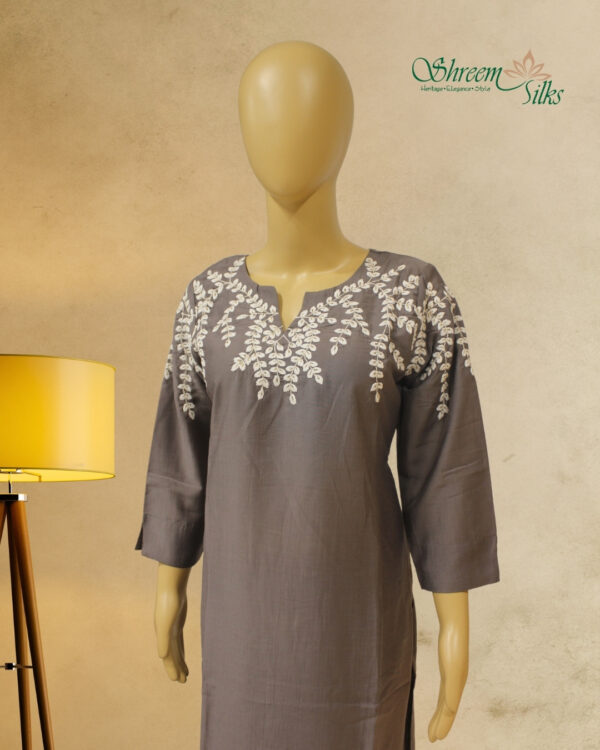 Grey with White Embroidery on Neck and Sleeve Kurta Set - Image 2