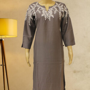 Grey with White Embroidery on Neck and Sleeve Kurta Set