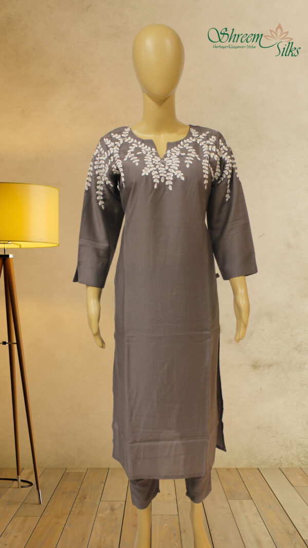 Grey with White Embroidery on Neck and Sleeve Kurta Set