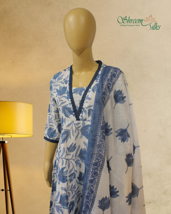 White and Blue with Floral Prints Anarkali Set - Image 2