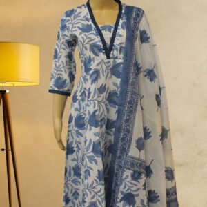 White and Blue with Floral Prints Anarkali Set