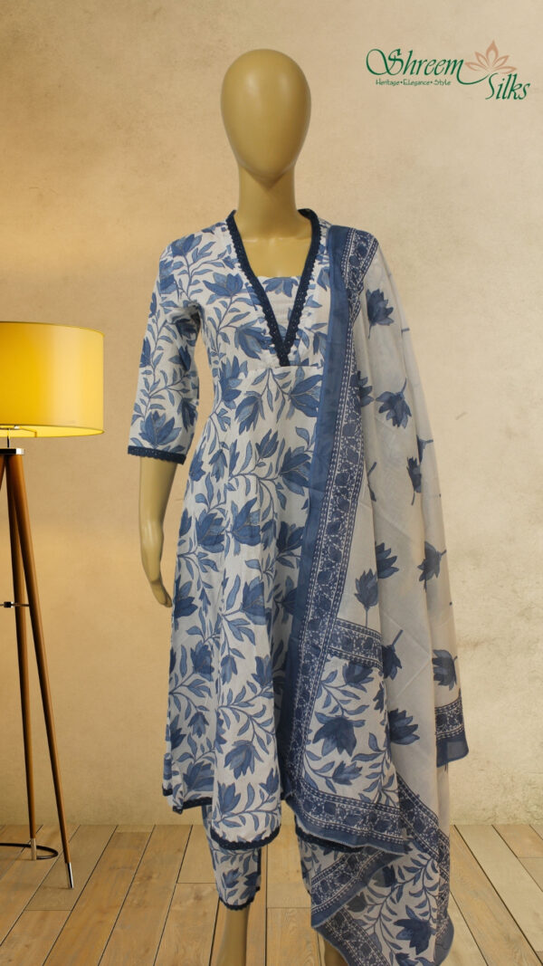 White and Blue with Floral Prints Anarkali Set