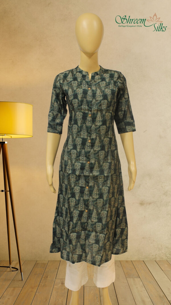 Bottle Green Kurta with Vintage Prints