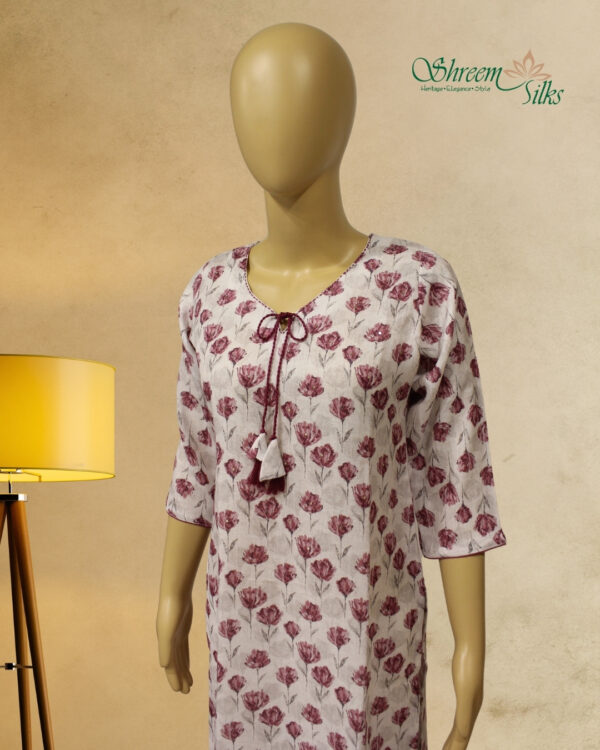 White with Pink Floral Prints Linen Kurta - Image 2