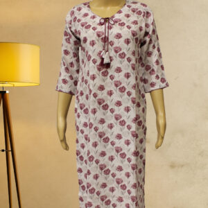 White with Pink Floral Prints Linen Kurta