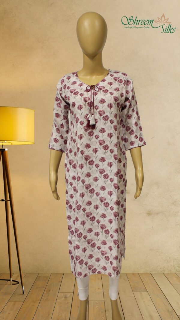 White with Pink Floral Prints Linen Kurta