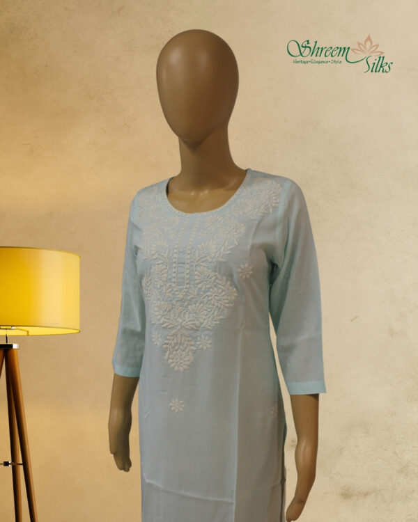 Pale Turquoise with white thread work Kurta - Image 2
