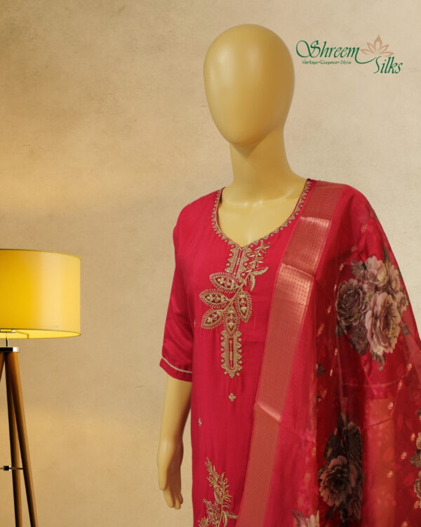 Red with embroidery work with cut dana Designer Kurta set - Image 2