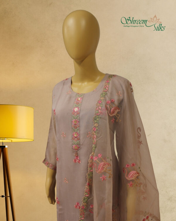 Light Brown with Pink Thread work Designer Kurta Set - Image 2
