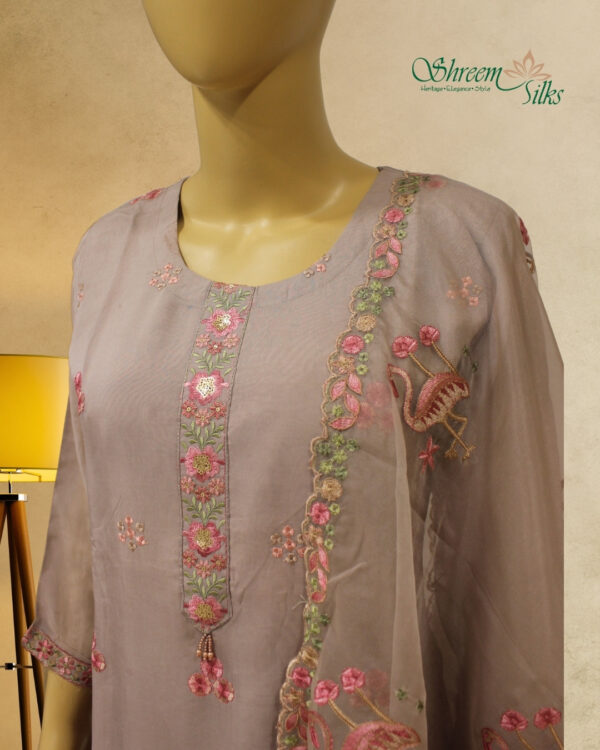 Light Brown with Pink Thread work Designer Kurta Set - Image 3