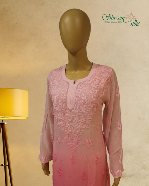 Pink Lucknow Chikan work Georgette Kurta - Image 2