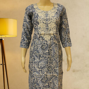 Printed Blue & White with Floral Neck Embroidery Kurta