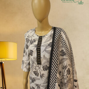 Alternative view of White with Black Floral Prints with Cutdana Work Kurta Set