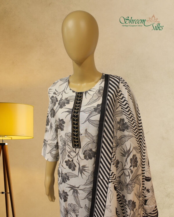 White with Black Floral Prints with Cutdana Work Kurta Set - Image 2