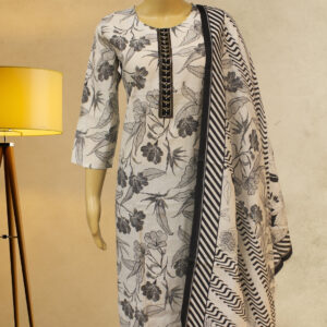 White with Black Floral Prints with Cutdana Work Kurta Set