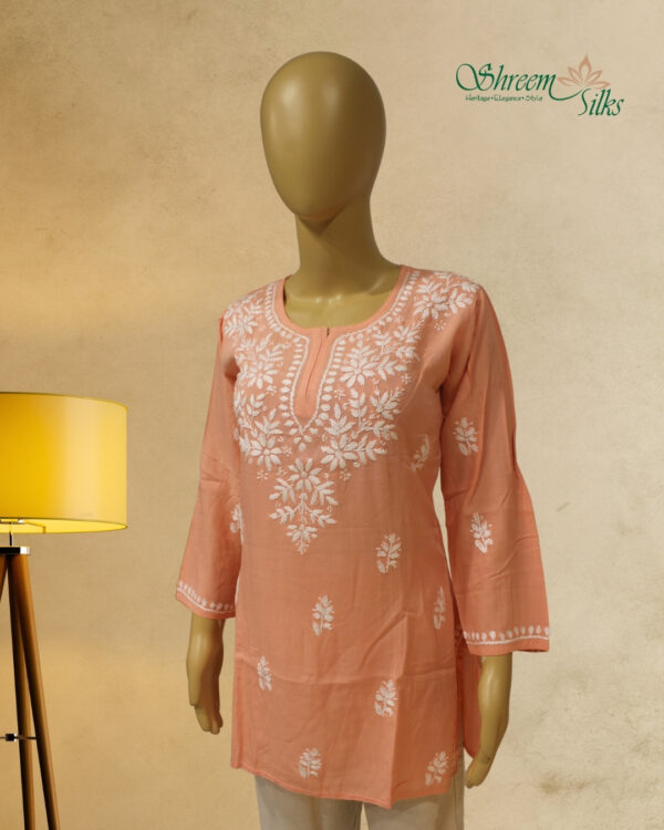 Peach Chikankari Short Kurti - Image 2