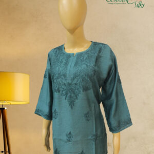 Blue Chanderi Chikankari Short Kurti