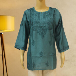 Alternative view of Blue Chanderi Chikankari Short Kurti