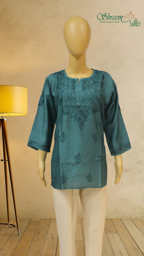 Blue Chanderi Chikankari Short Kurti - Image 2