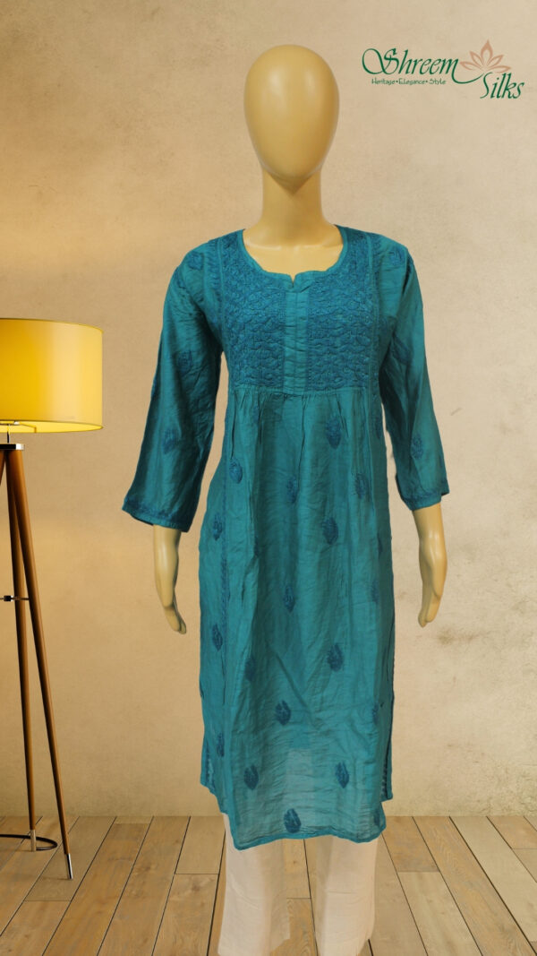 Peacock Green Chanderi Chikankari Kurta - Image 2