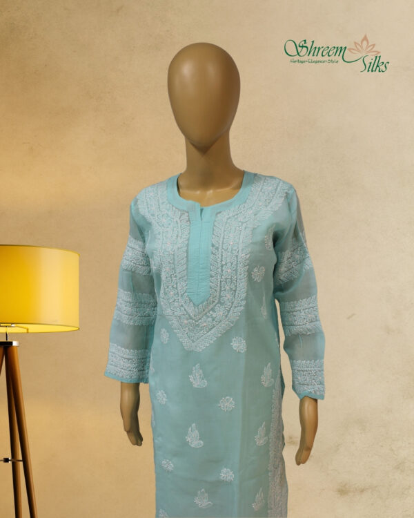 Sea Green Chikankari Work Cotton Kurta with Slip - Image 2