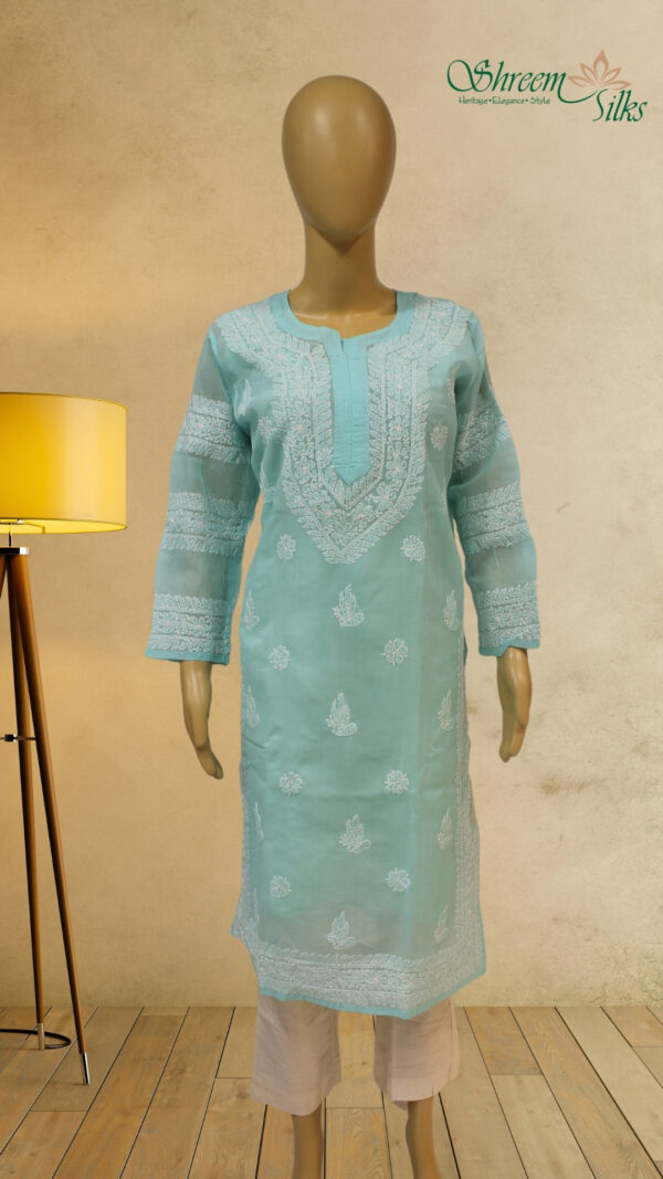 Sea Green Chikankari Work Cotton Kurta with Slip