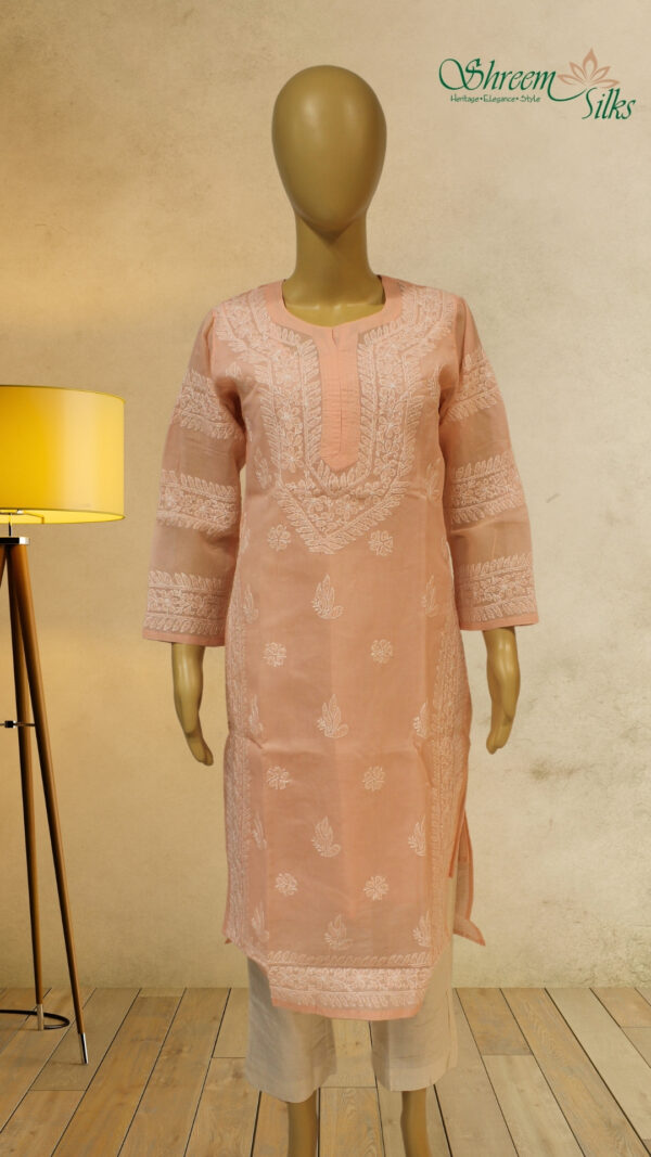 Peach Chikankari Work Cotton Kurta with Slip