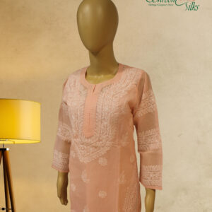 Alternative view of Peach Chikankari Work Cotton Kurta with Slip