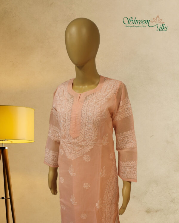 Peach Chikankari Work Cotton Kurta with Slip - Image 2