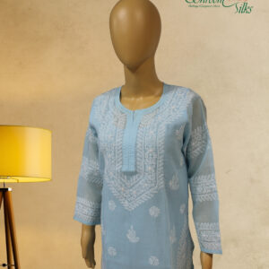 Alternative view of Sky Blue Chikankari Work Cotton Kurta with Slip