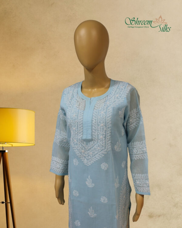 Sky Blue Chikankari Work Cotton Kurta with Slip - Image 2