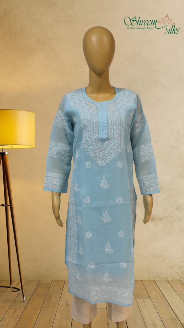 Sky Blue Chikankari Work Cotton Kurta with Slip
