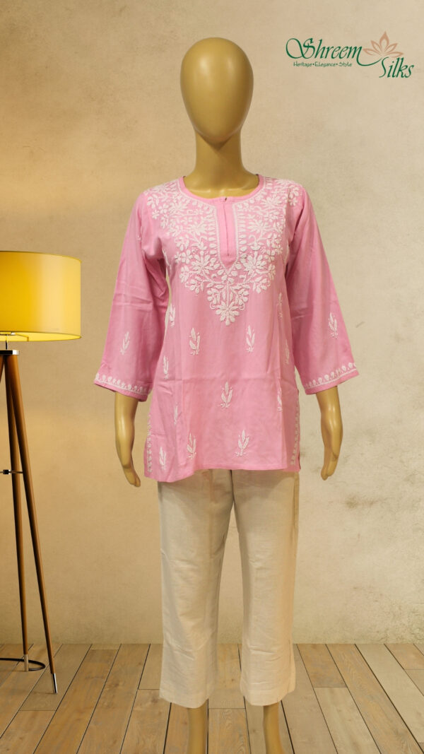 Pink Chikankari Short  Kurti - Image 2