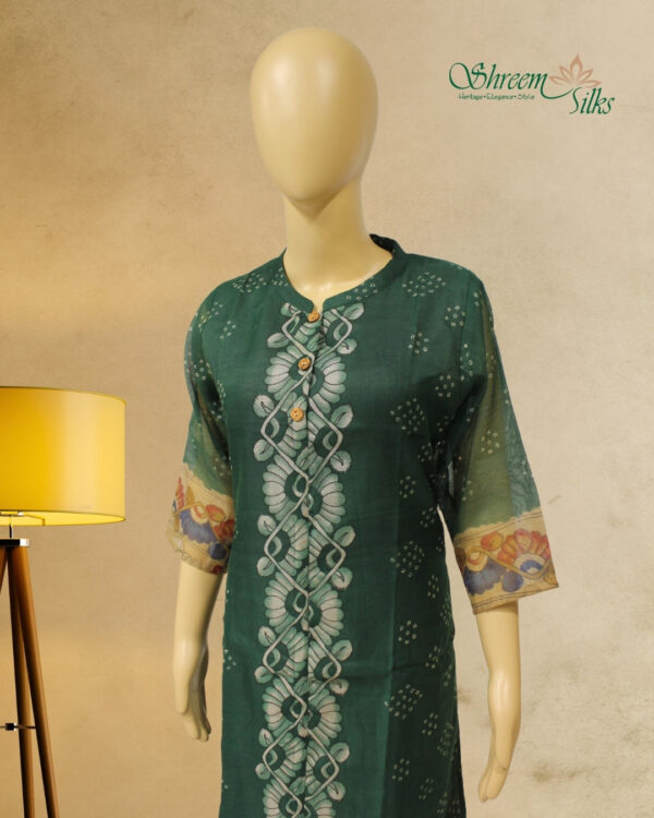 Bottle Green with Beige Flower Prints Kurta - Image 2