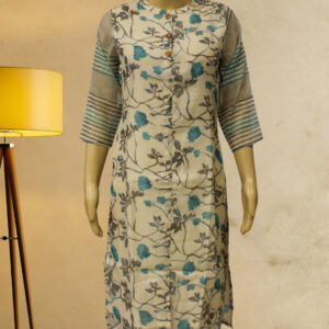 Beige with Aqua Blue Floral Prints Kurta