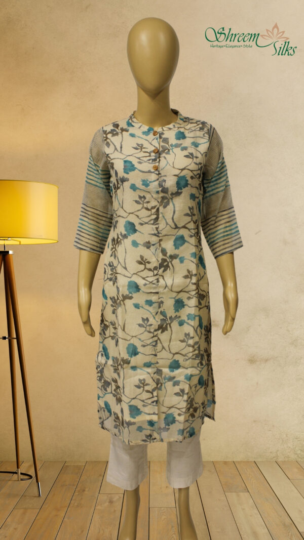 Beige with Aqua Blue Floral Prints Kurta