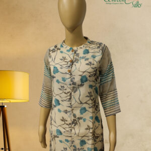 Alternative view of Beige with Aqua Blue Floral Prints Kurta