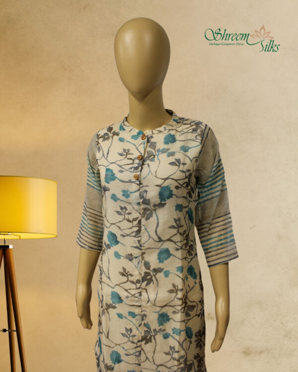 Beige with Aqua Blue Floral Prints Kurta - Image 2