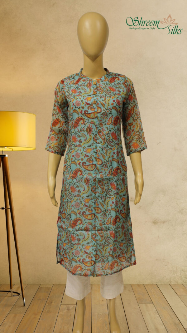 Teal Blue with Peach Floral Prints Kurta