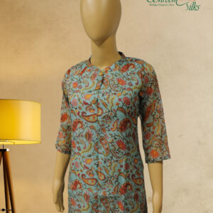 Alternative view of Teal Blue with Peach Floral Prints Kurta