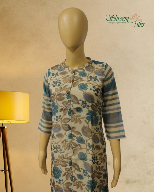 Beige with Teal Blue Floral Prints Kurta - Image 2