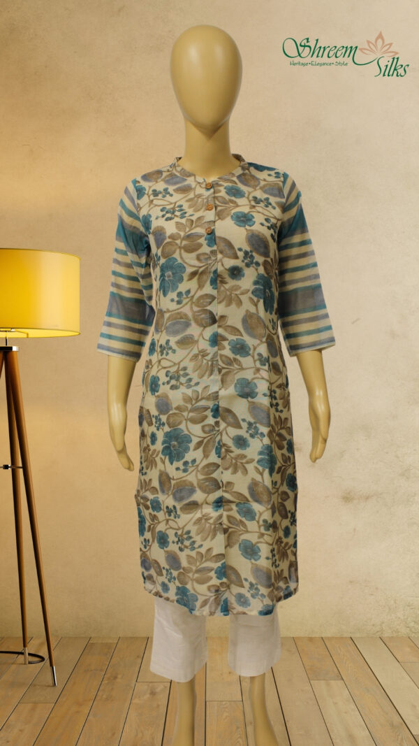 Beige with Teal Blue Floral Prints Kurta