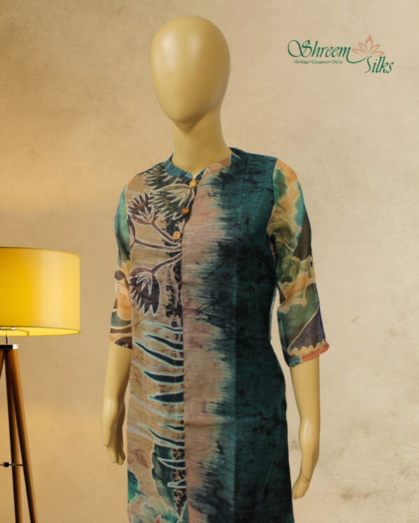 Peacock Green with Brown Leaves Prints Kurta - Image 2