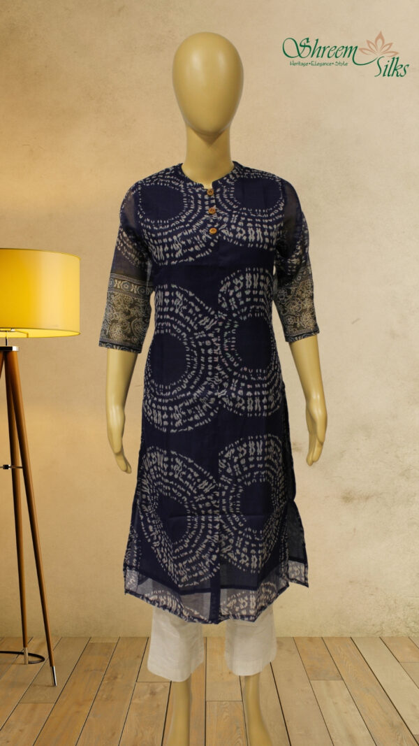Navy Blue with White Shibori Prints Kurta - Image 2