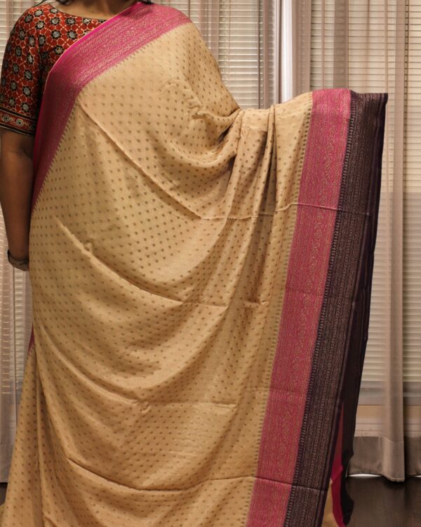 Chikoo Pink and Purple with Buttas Pure Crepe Chiffon 3D Banaras Saree