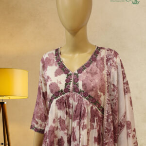 Alternative view of White with Lilac Floral Prints Anarkali Kurta Set